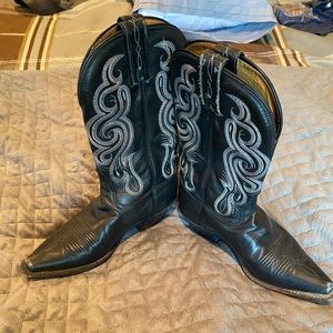 Tony lama black boots with blue detail, size 6